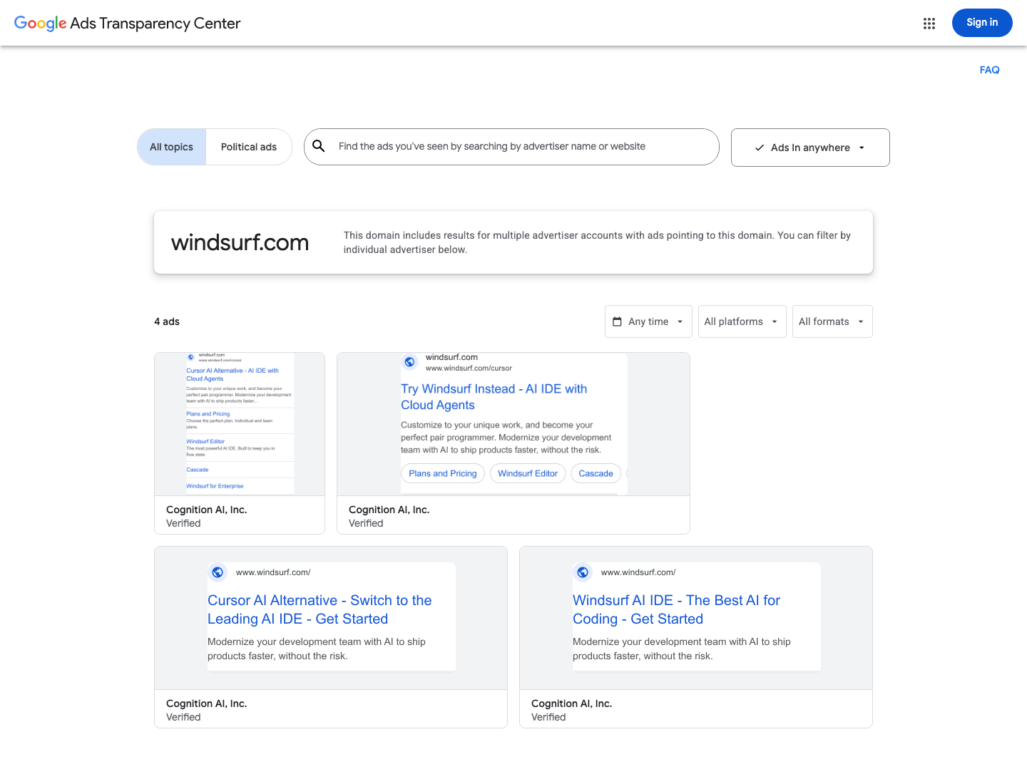 Google Ads Transparency Center for windsurf.com showing 0 ads in the last 30 days and only 4 all-time, all text-format Cursor alternative ads